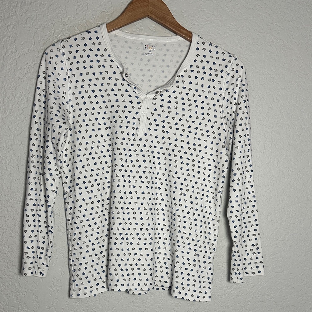 Roller Rabbit White Gray Blue Star Print Top Pajama Loungewear Pima Cotton